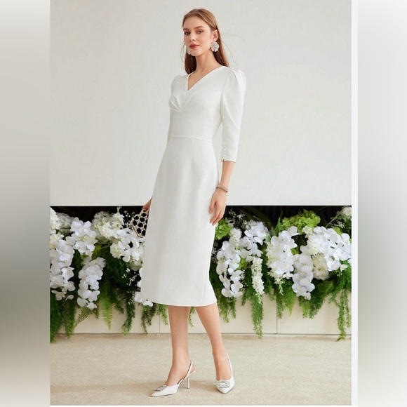 Elegant White Sheath Modest Wedding Midi Dress with Puff Pearl Sleeves Size XS - Picture 1 of 10